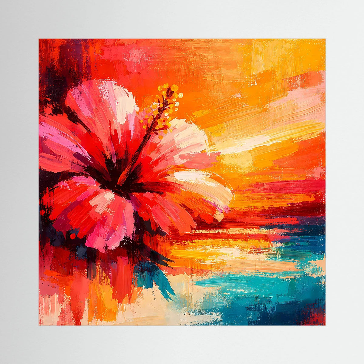 Hibiskusblüten-Abstraktbild auf Leinwand ohne Rahmen, rote Blüte, orangefarbene Pinselstriche