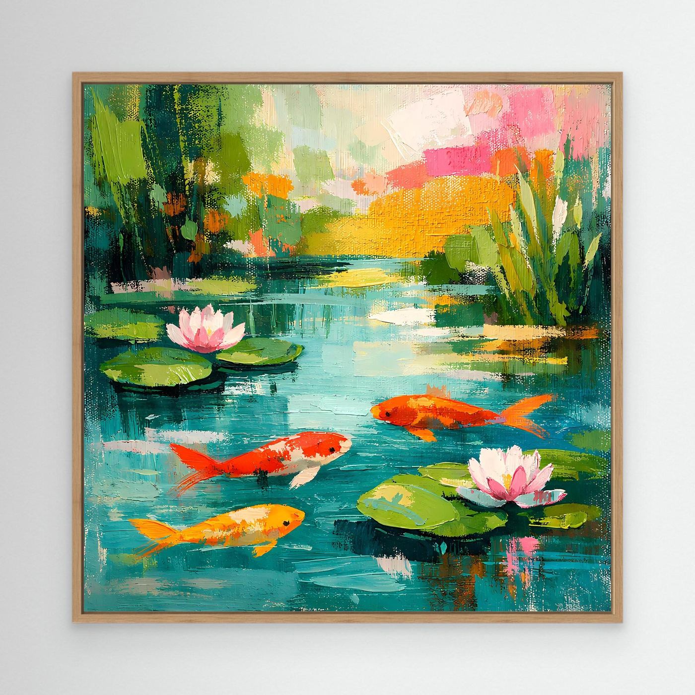 Oak-framed canvas wall art with koi fish and pink water lilies on a teal pond