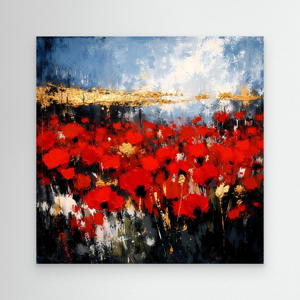 Abstraktes Wandbild mit roter Blütenlandschaft, blauem Himmel und goldener Horizontlinie