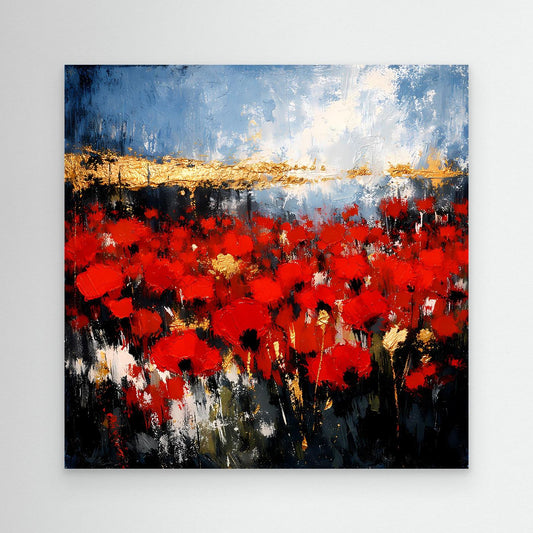 Abstraktes Wandbild mit roter Blütenlandschaft, blauem Himmel und goldener Horizontlinie