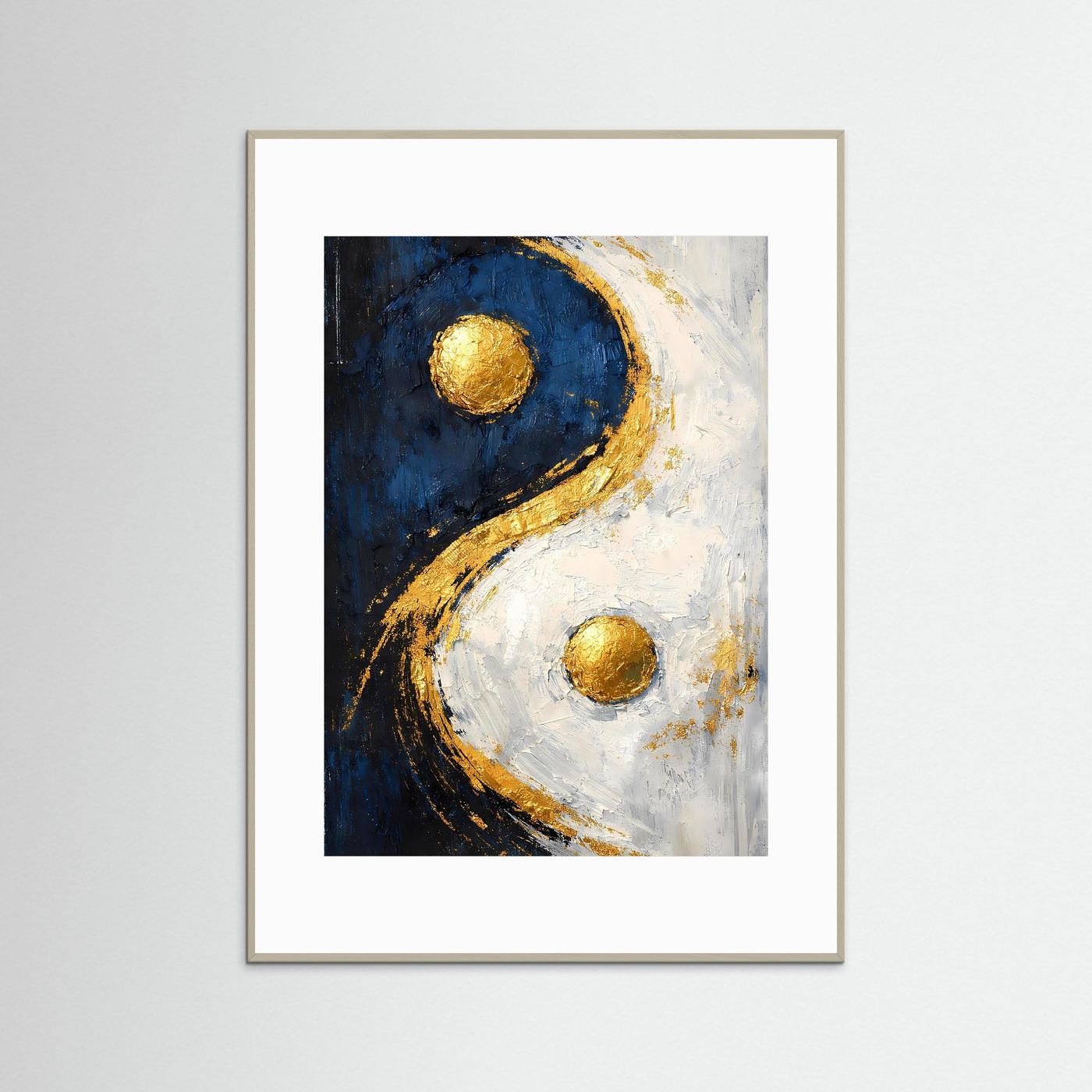 Poster mit Yin-Yang Abstraktbild im hellen Rahmen, Tiefblau, Weiß und Goldkreise