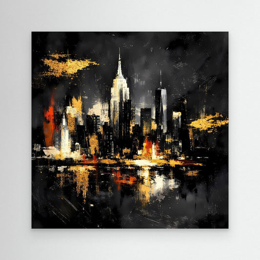 Unrahmtes Leinwand-Wandbild mit abstrakter nächtlicher Skyline in Gold und Weiß auf dunklem Grund