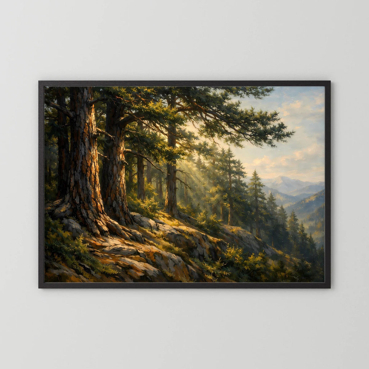 Wandbild im Querformat mit Wald- und Berglandschaft, schwarzer Holzrahmen