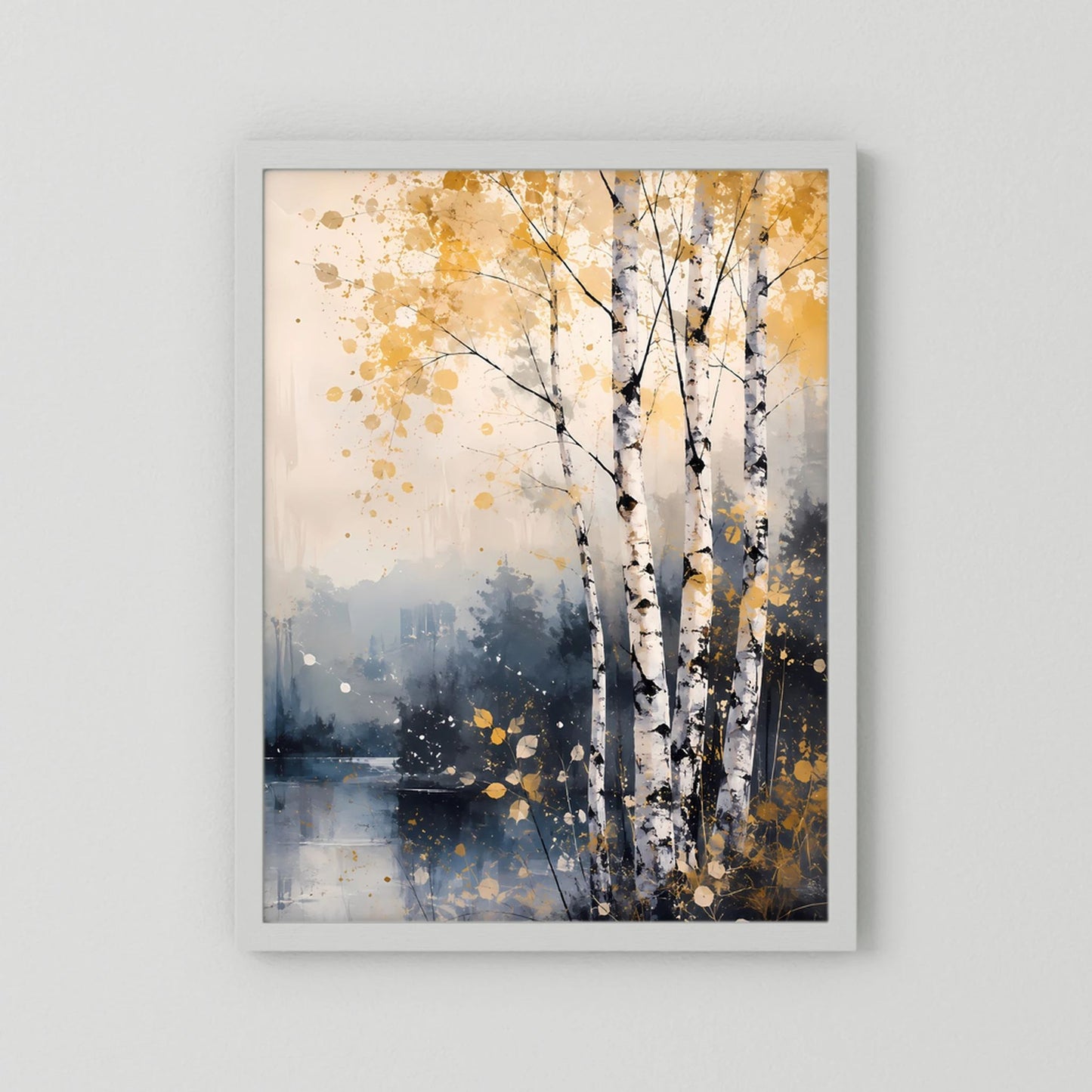 Hochformat-Poster mit abstrakten Birken am See, goldene Punkte, weißer Rahmen ohne Rand
