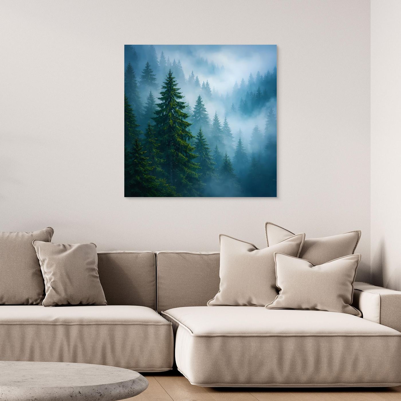 Leinwandbild mit Tannenwald-Motiv und Nebel, rechteckig, dunkler Rahmen