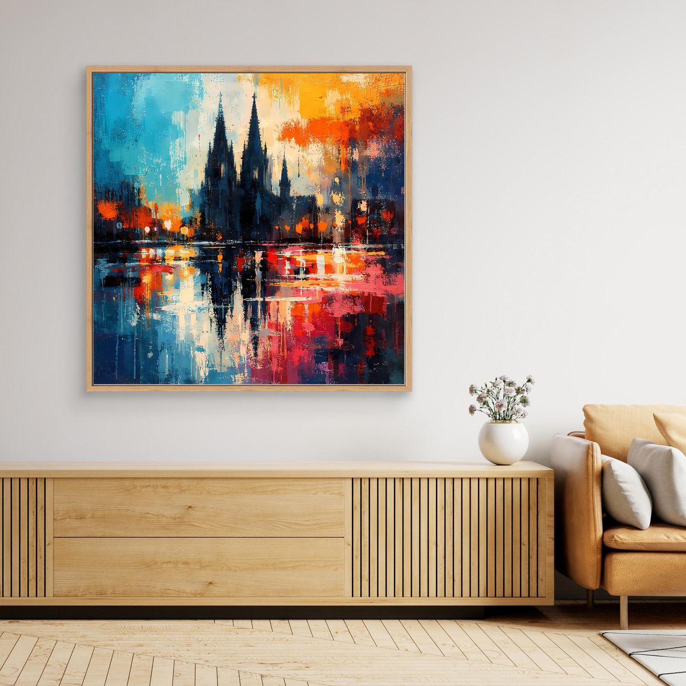 Abstraktes Leinwand-Wandbild mit Dom-Silhouette, farbige Lichtreflexe, goldfarbener Rahmen