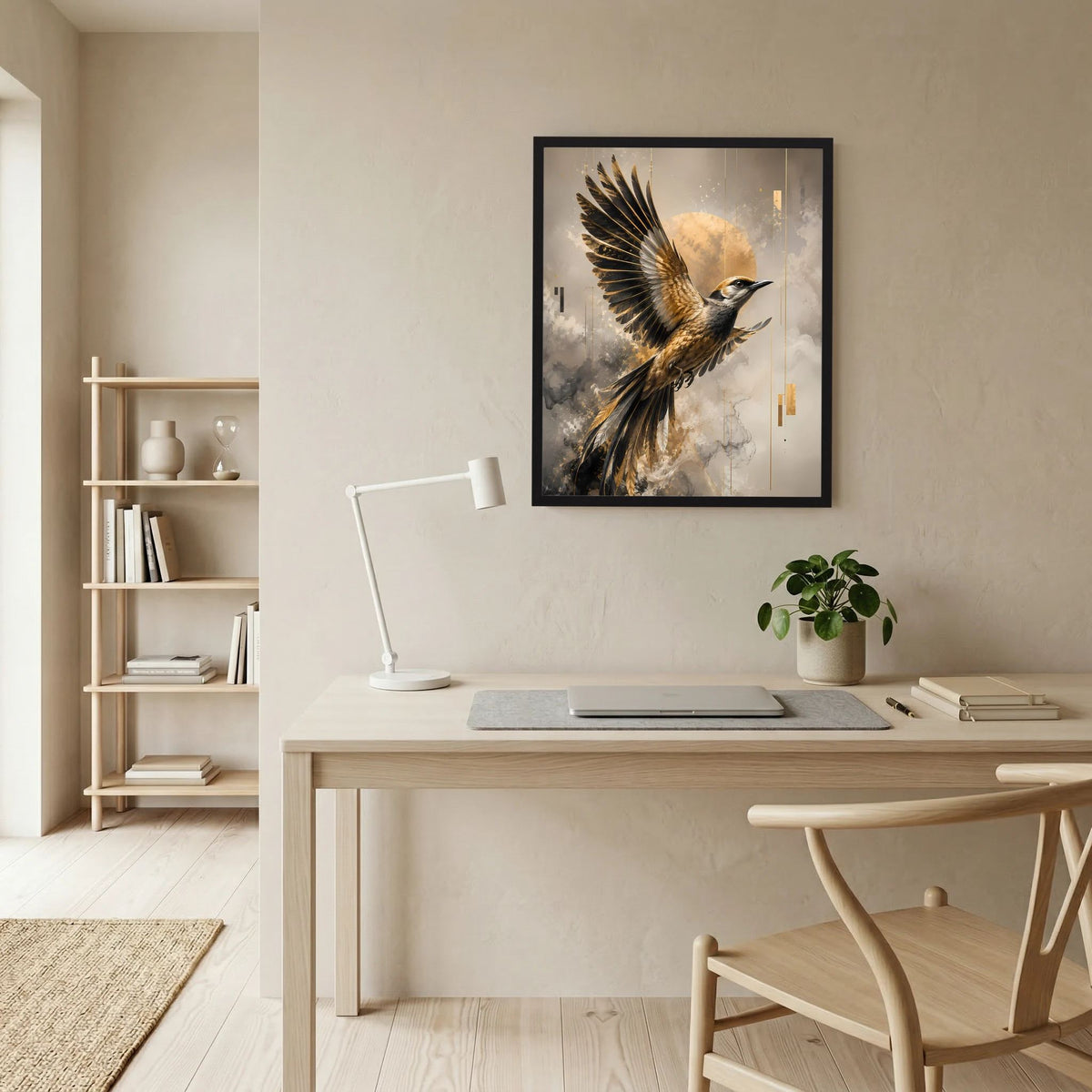 Vogelkunstposter im schwarzen Rahmen über Schreibtisch, hochkant