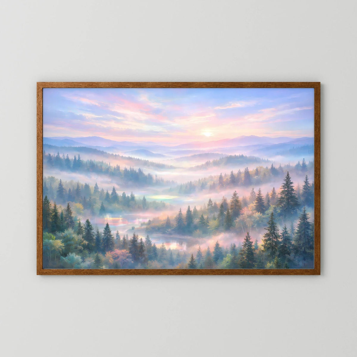 Wandposter querformat mit Waldlandschaft im Morgendunst, brauner Holzrahmen