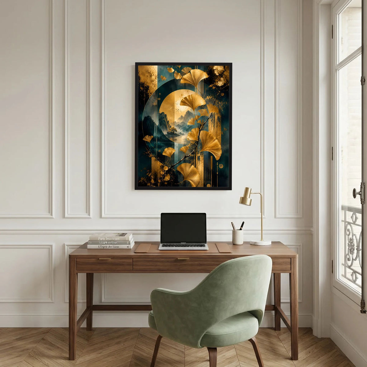 Gerahmtes Poster: goldene Ginkgo-Blätter und abstrakte Berge in Petrol- und Goldtönen