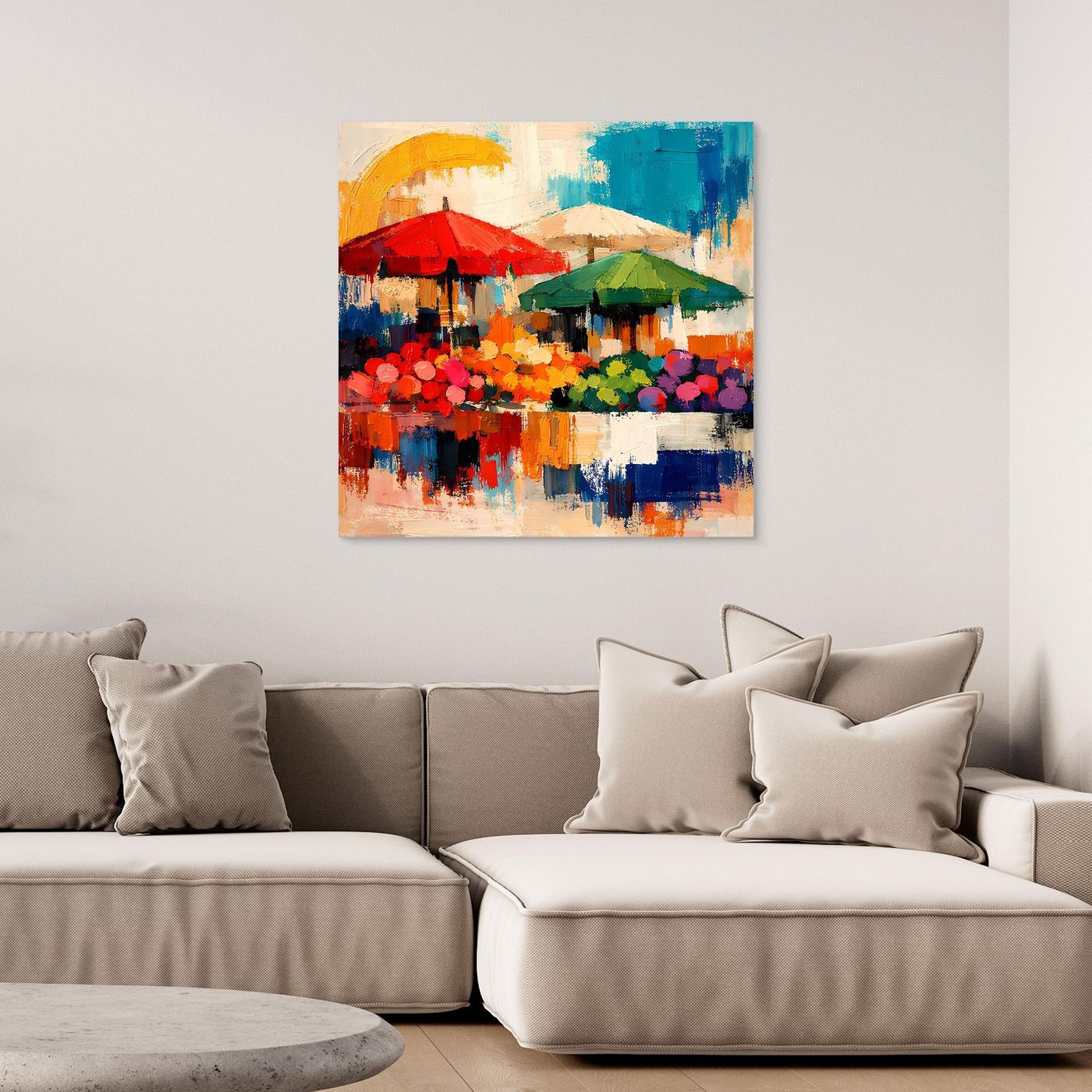 Leinwand-Wandbild mit abstrakter Markt­szenen-Gemälde, roten und grünen Sonnenschirmen