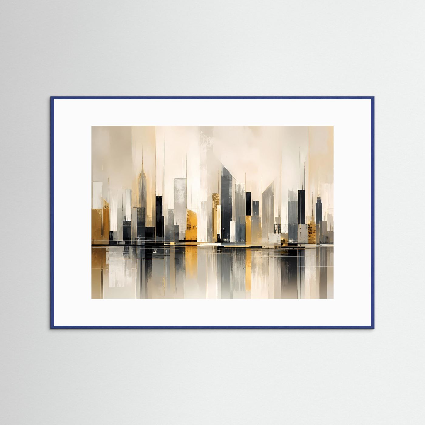 Poster Querformat mit abstrakter Skyline in Beige, Schwarz und Gold, blauer Rahmen