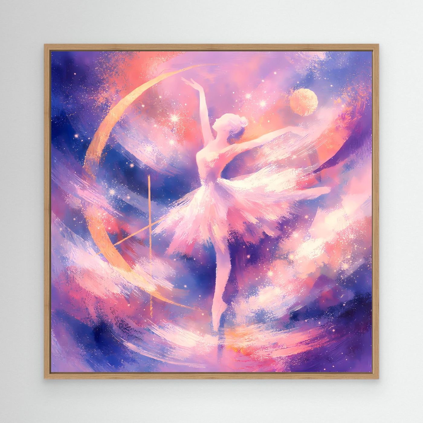 Leinwandbild Ballerina mit Pastellfarben, tanzend im Sternen- und Wellenmuster im Eichenrahmen
