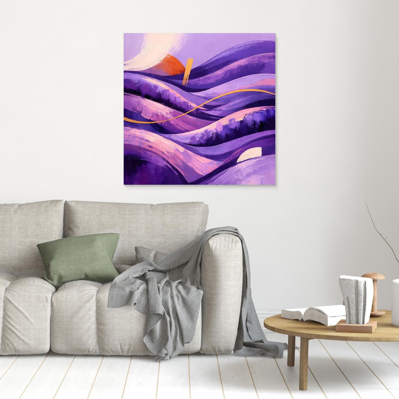 Abstraktes Leinwandbild mit violetten Wellen und goldener Akzentlinie im hellen Rahmen