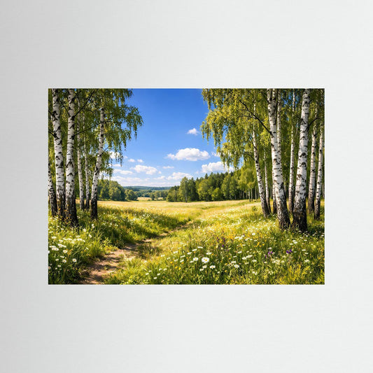 Naturposter mit Birkenwald und Sommerwiese, querformatiger Druck ohne sichtbaren Rahmen