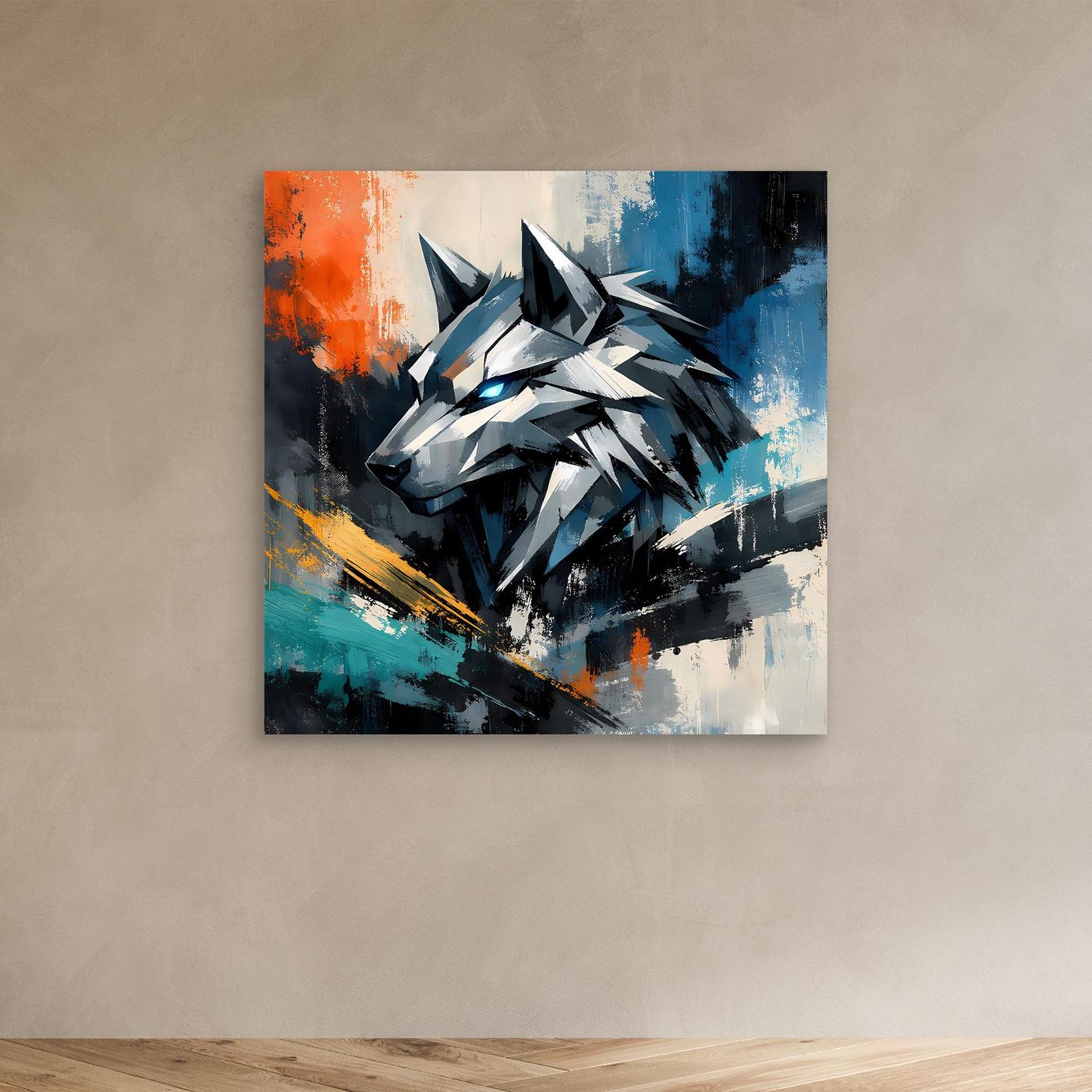Leinwandbild mit geometrischem Cyber-Wolf, abstrakte Mecha-Optik in Blau, Schwarz und Orange
