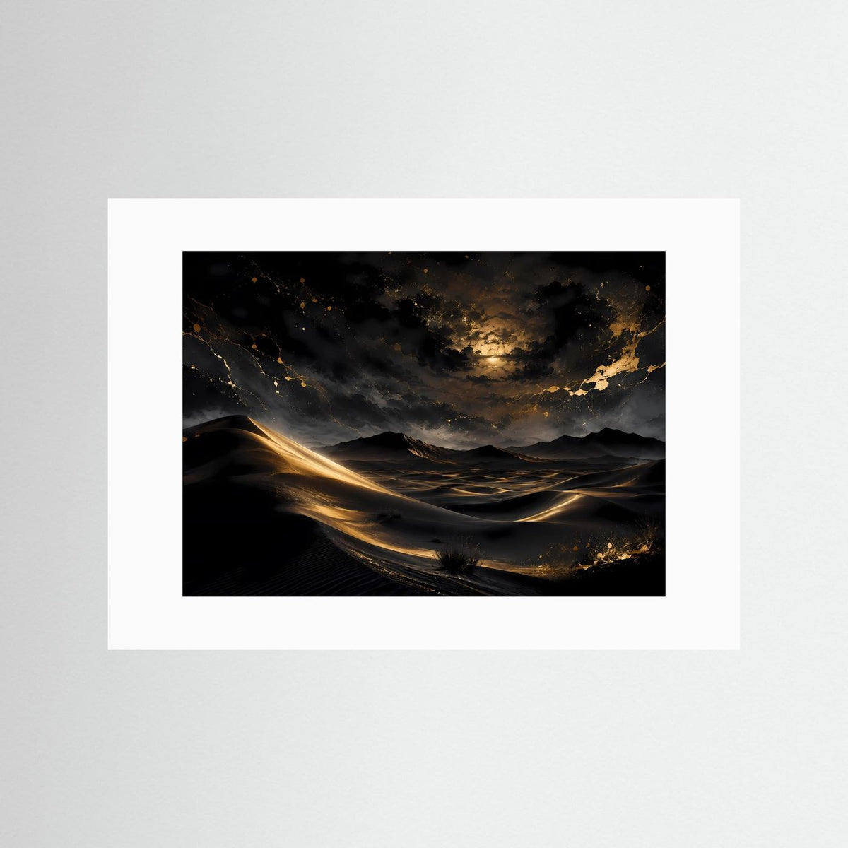 Wüstenlandschaft-Wandposter mit weißem Passepartout: goldene Dünen bei Nacht