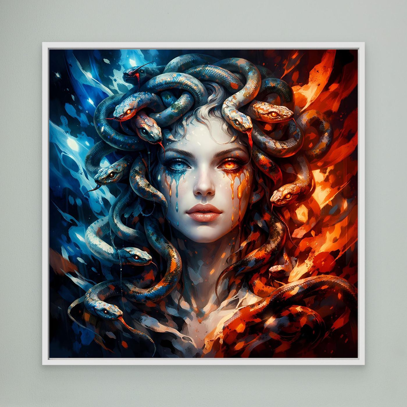 Leinwand Mystische Medusa im Feuer- und Eis-Kontrast | Modernes Fantasy Wandbild