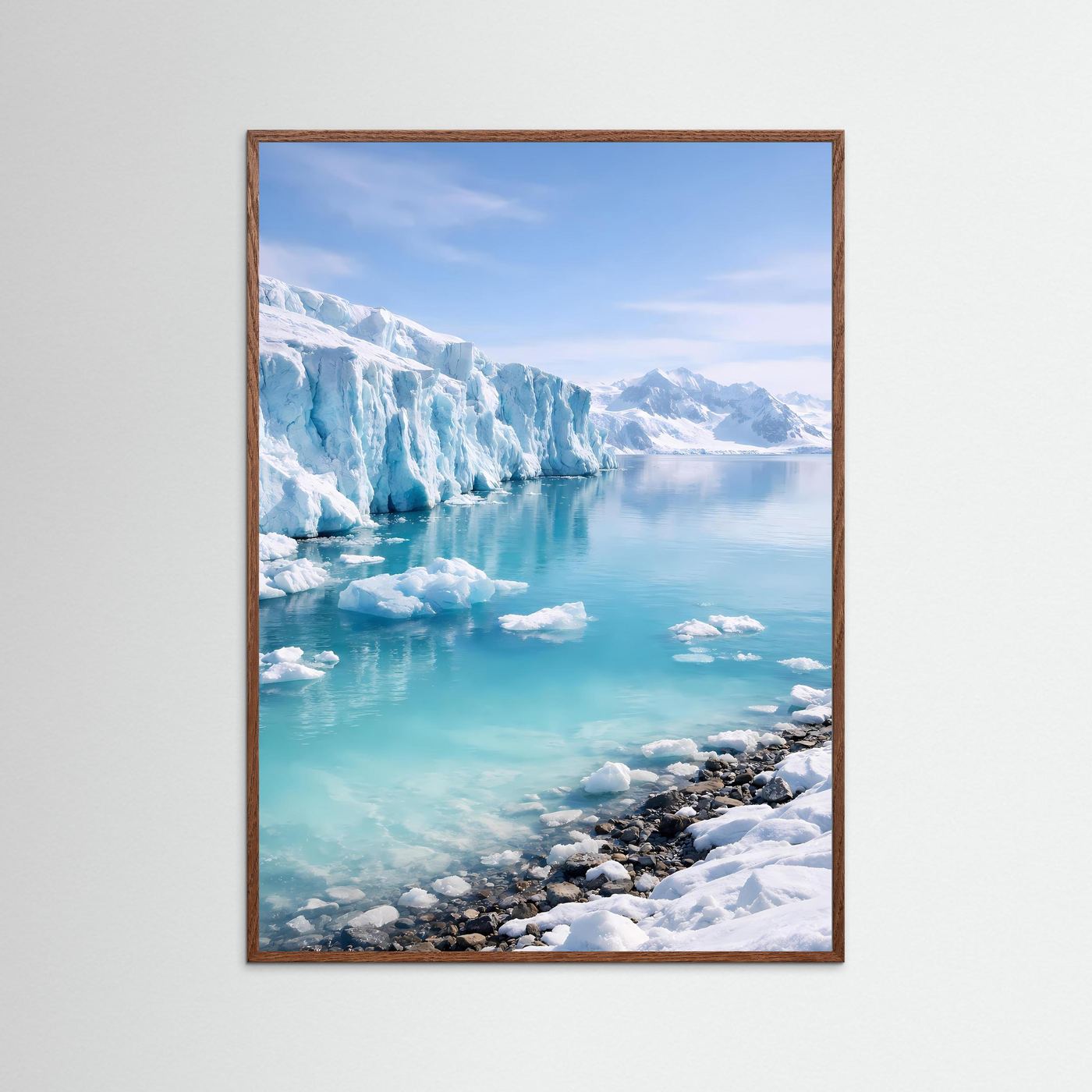 Gletscher-Poster im Hochformat mit braunem Holzrahmen, türkisfarbenes Wasser und Eisblöcke