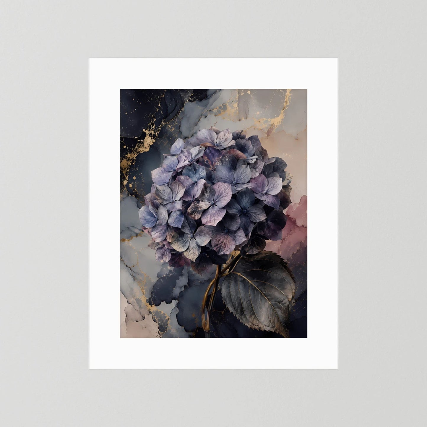 Hochformat-Poster mit violettem Hortensienstrauß mit weißem Passepartout