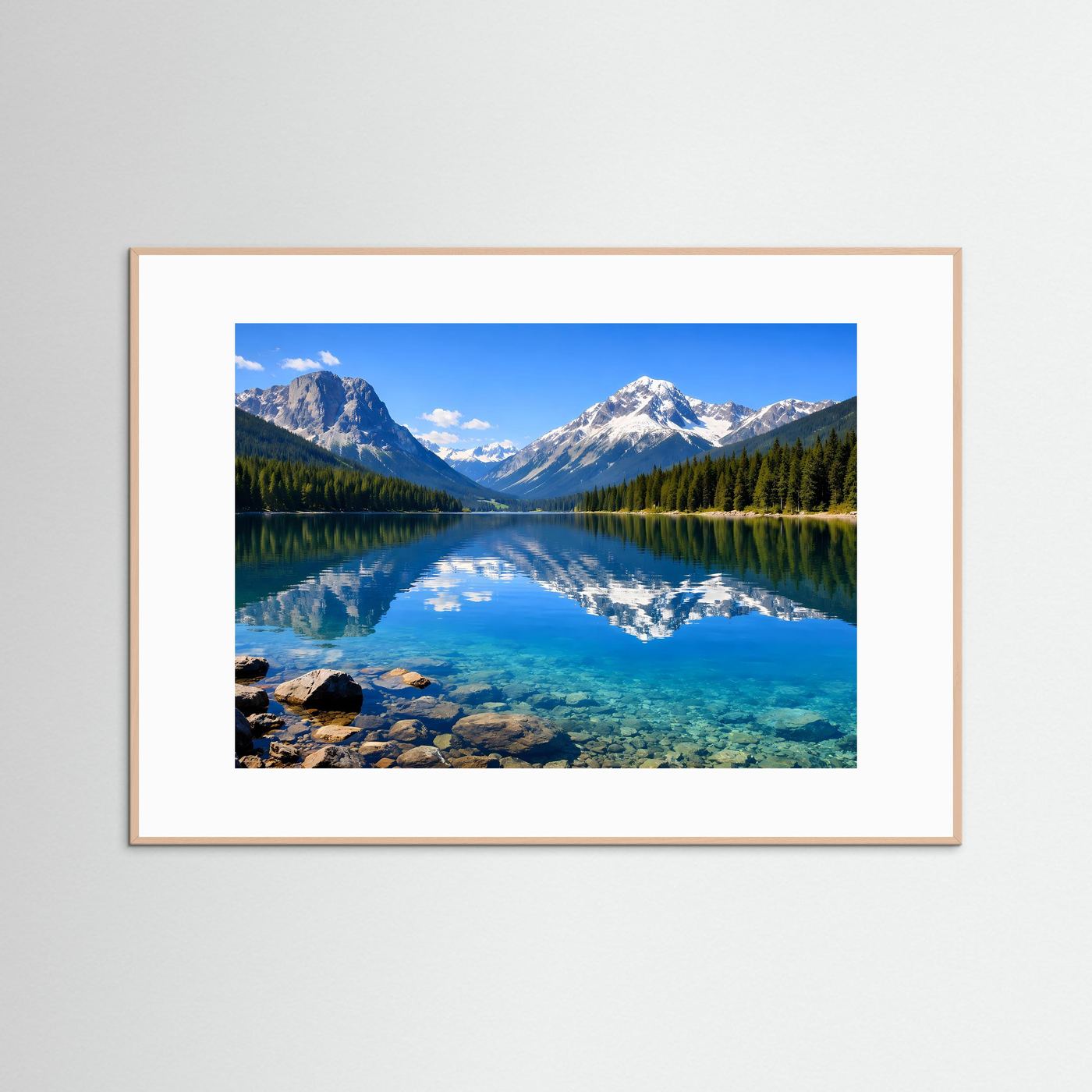 Naturposter im Querformat mit hellem Rahmen: Alpensee mit Spiegelung