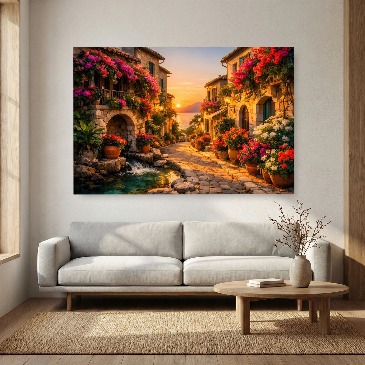 Wandposter mediterrane Gasse bei Sonnenuntergang, Häuser mit Blumen, schwarze Einfassung