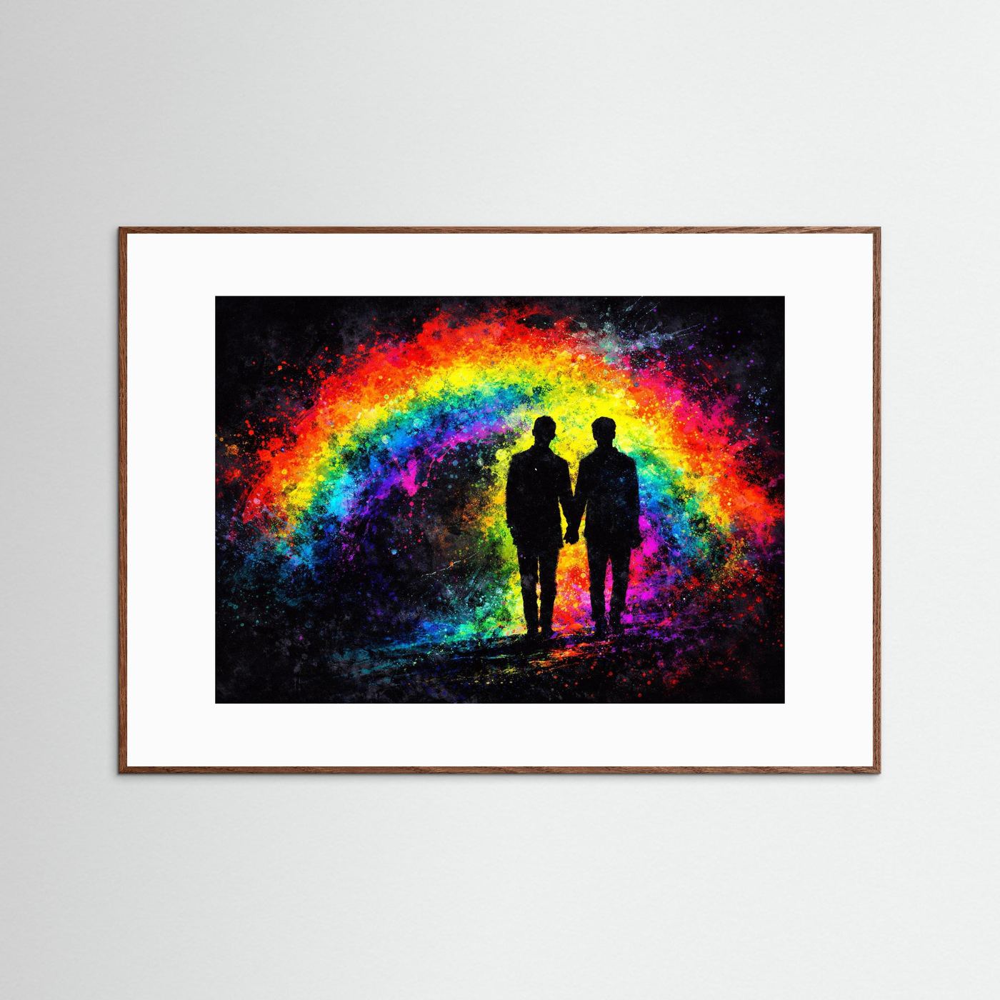 Wandbild mit Regenbogen und zwei stehenden Silhouetten, brauner Holzrahmen, Passepartout