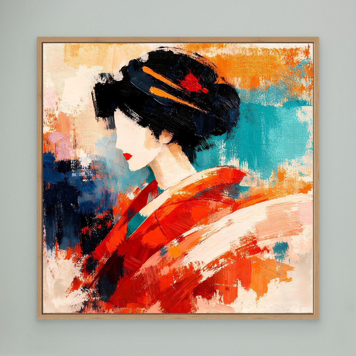 Wood-framed canvas wall art of a geisha in a red kimono with dark hair and bold abstract colors