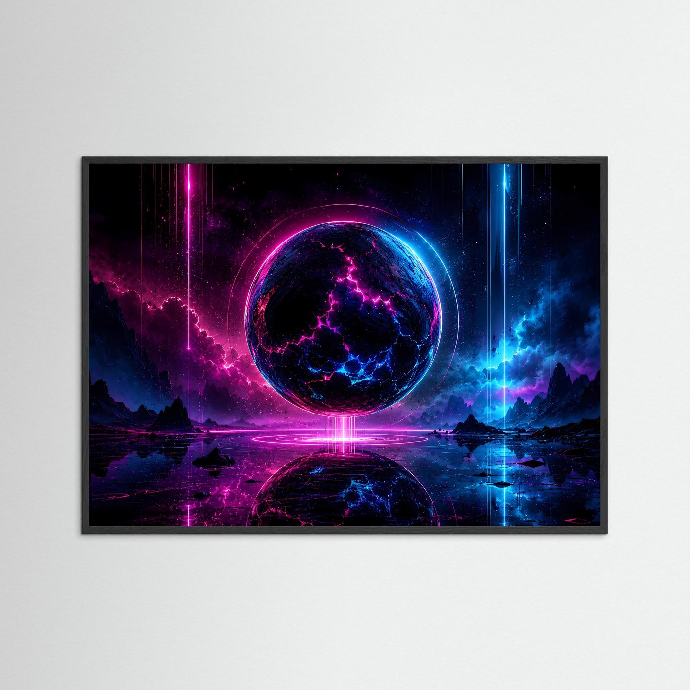 Neon Sphäre Poster Querformat | Futuristische Kosmische Wandkunst in Pink & Blau | Sci-Fi Wandbild Modern