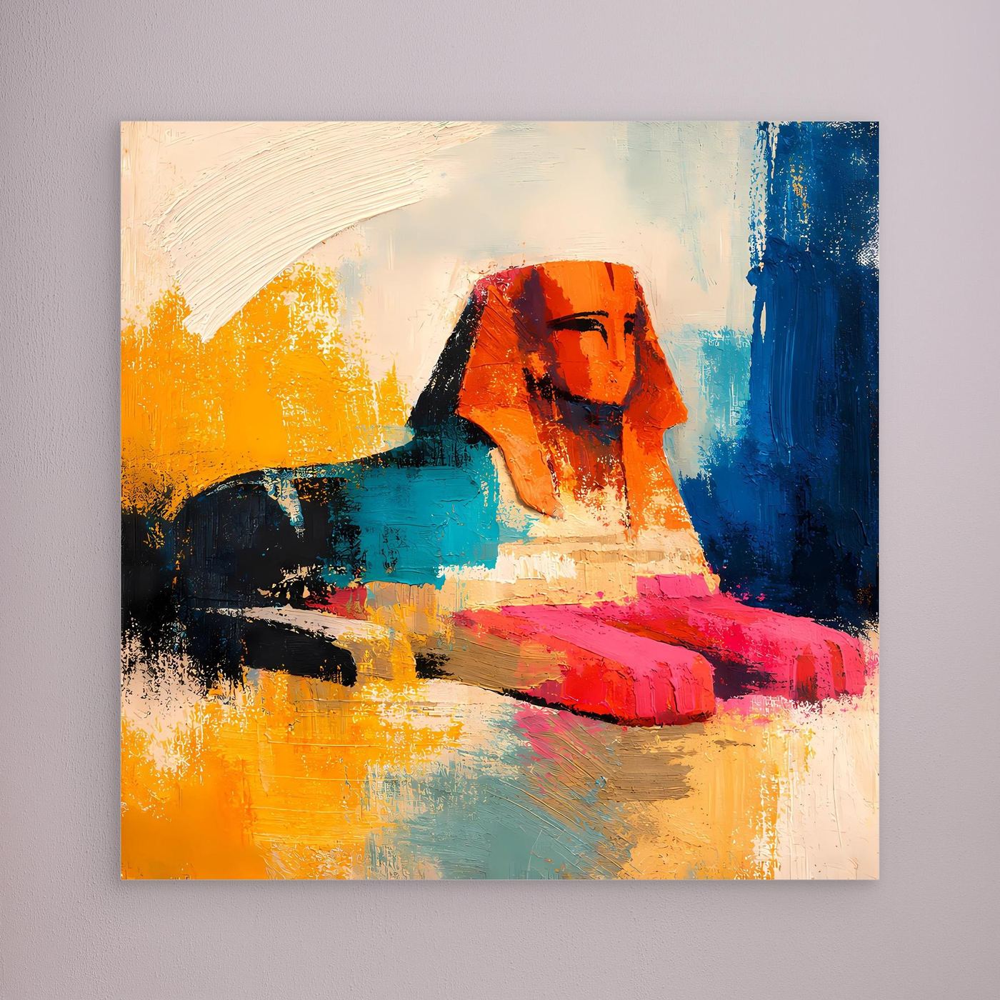 Abstract sphinx wall art with orange, teal, red, and blue paint strokes on canvas