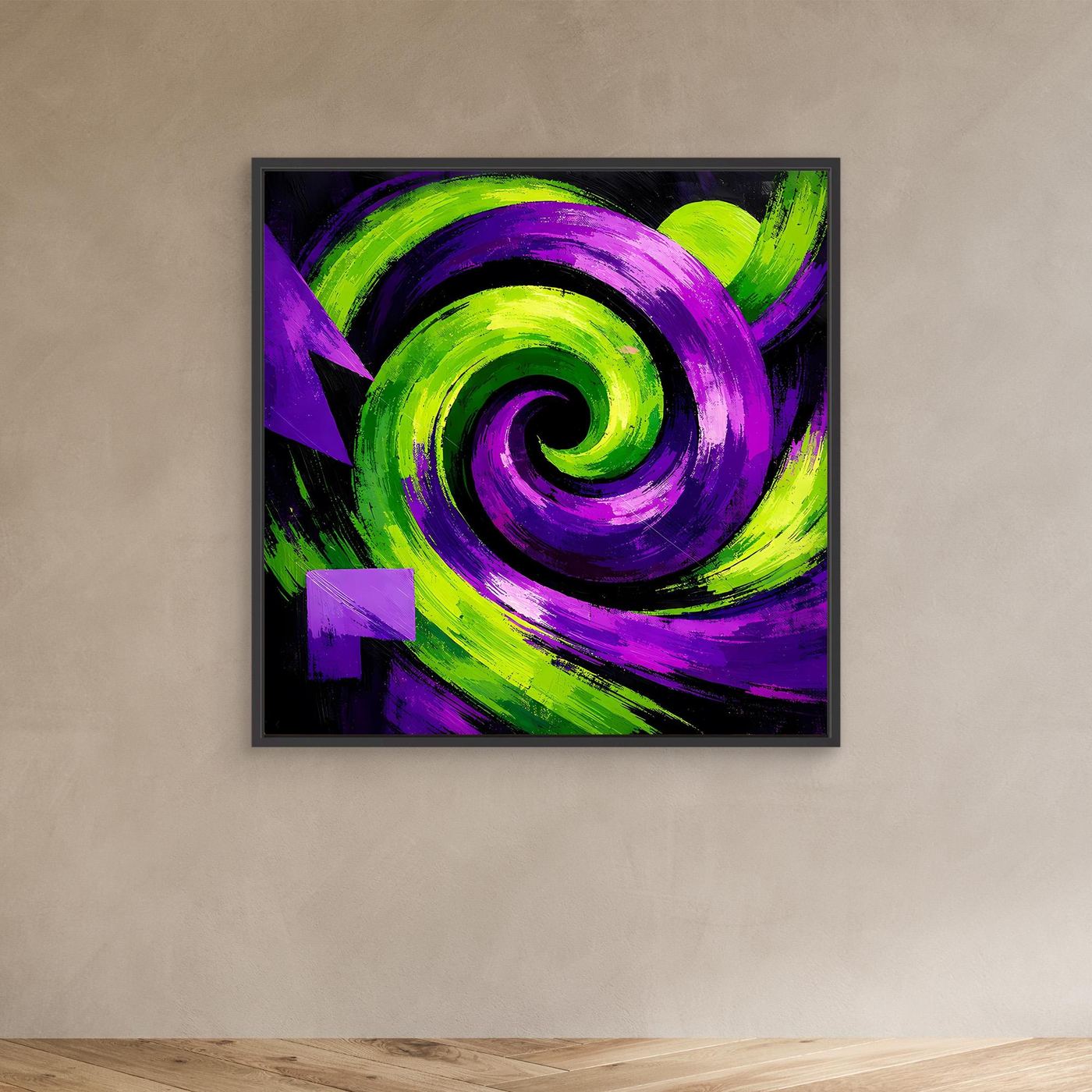 Abstraktes Leinwandbild im schwarzen Rahmen mit violett-grünem Spiralmotiv