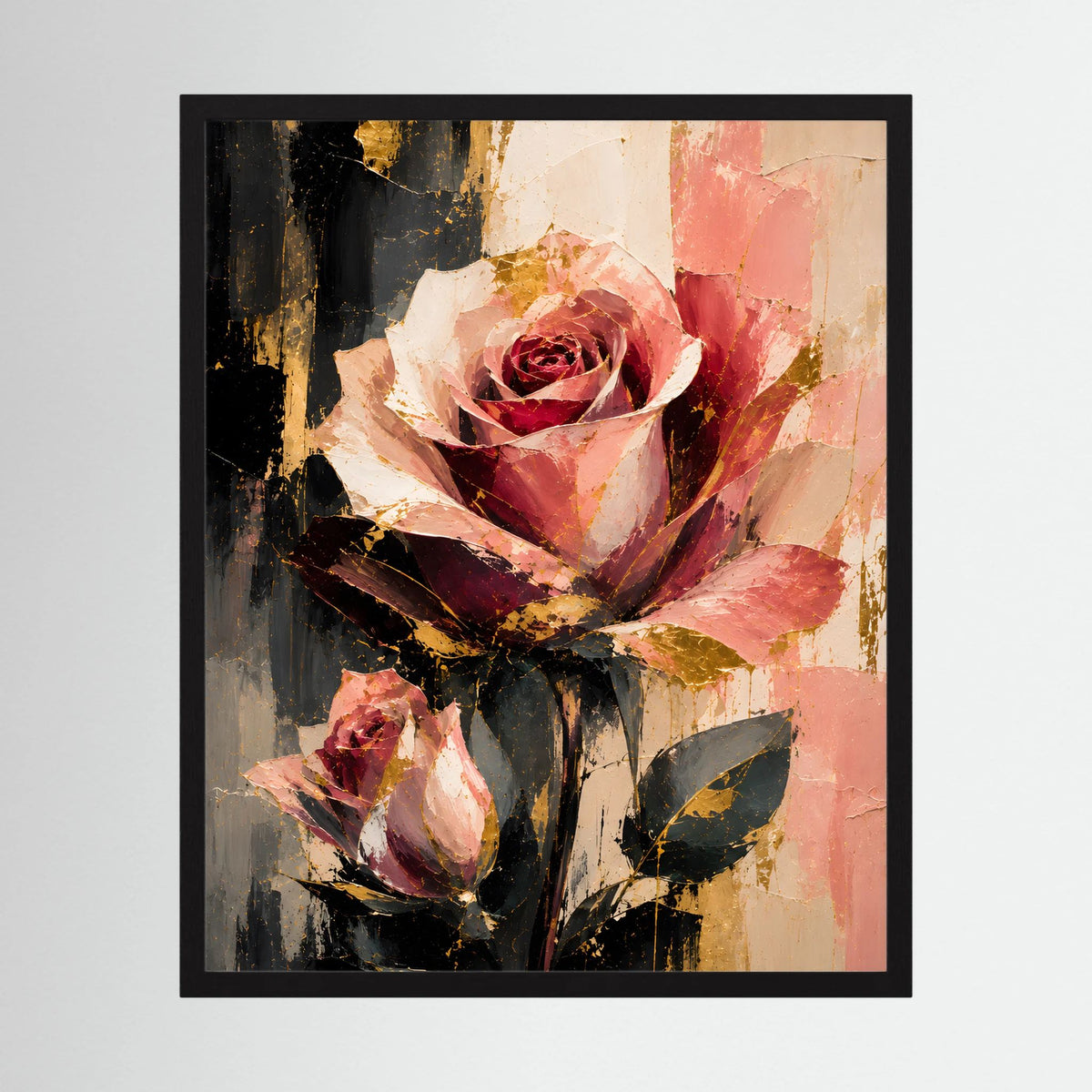 Gerahmtes abstraktes Rosenblumen-Poster in Rosé, Gold und dunklen Akzenten