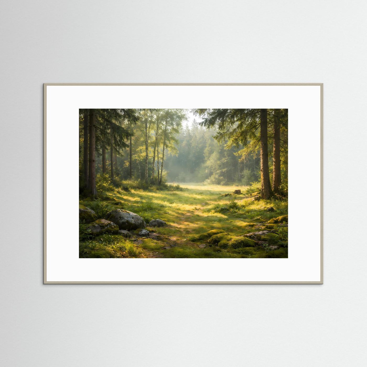 Sonnenlicht Wald Poster Querformat | Waldlichtung Natur Wandbild | Ruhige Landschaft Moderne Waldkunst
