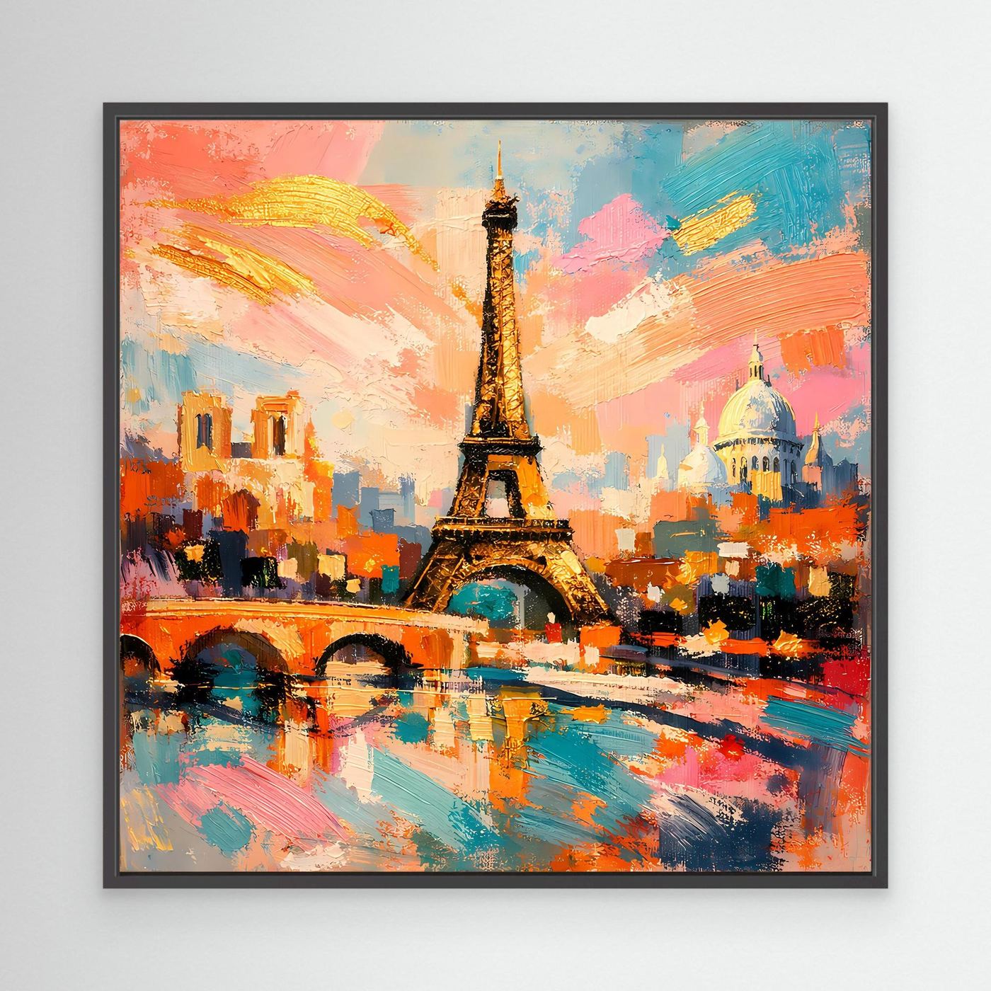 Schwarz gerahmtes Leinwandbild mit Eiffelturm und Pariser Skyline, farbig abstrakt