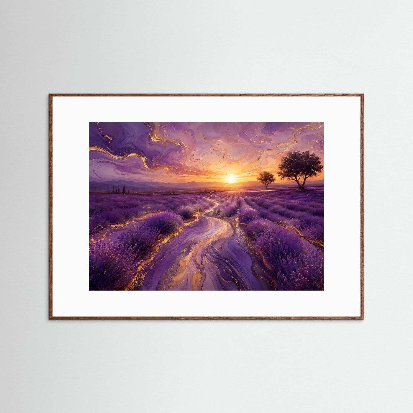 Lavendelfeld Goldfluss Poster | Abstrakte Provence Landschaft mit Sonnenuntergang Modernes Wandbild Querformat