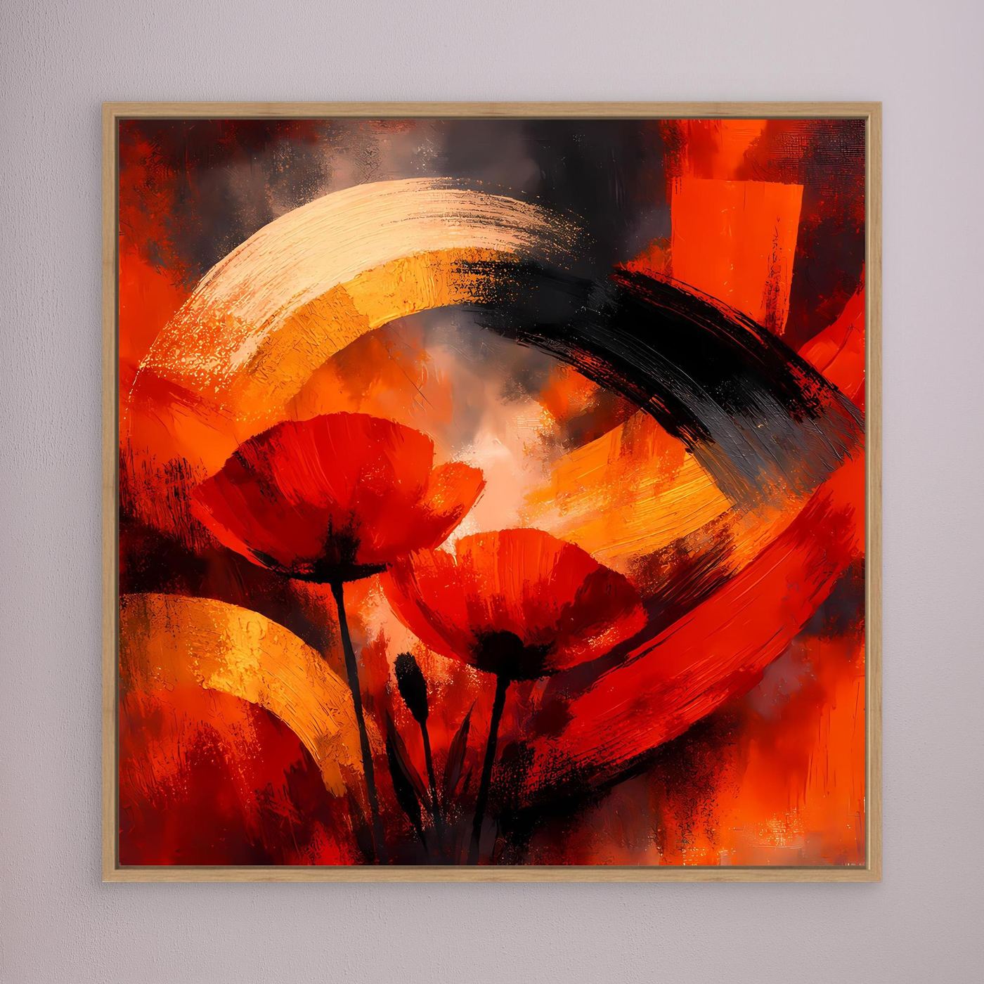 Leinwandbild mit abstrakten Mohnblüten in Rot, Schwarz und Gold, Holzrahmen