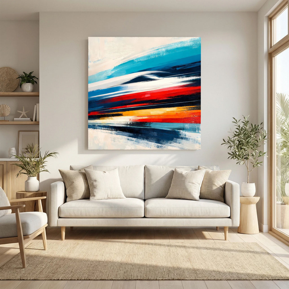 Abstraktes Leinwandbild auf echter Leinwand mit blauen, roten und dunklen Pinselstrichen