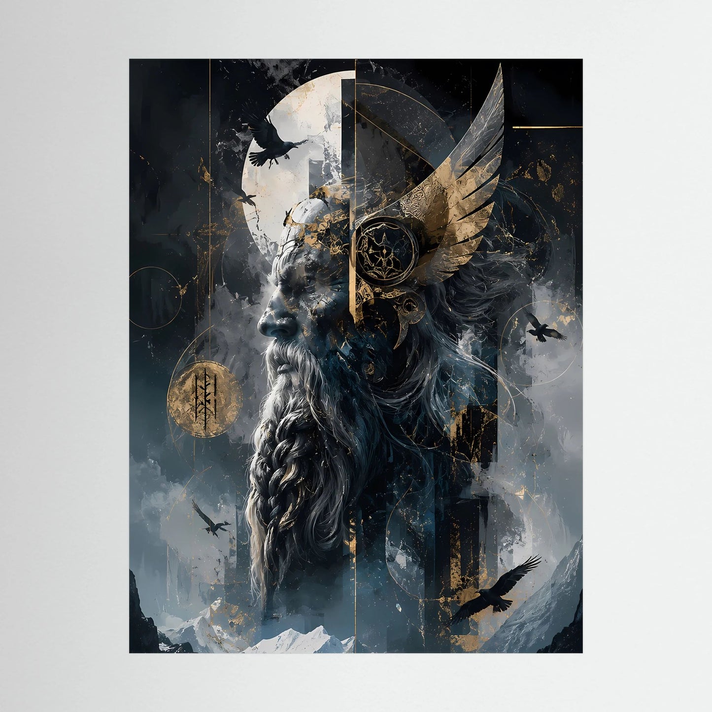 Hochformatiges Poster im Close-up: Wikingerkrieger mit Raben und goldenen Runensymbolen