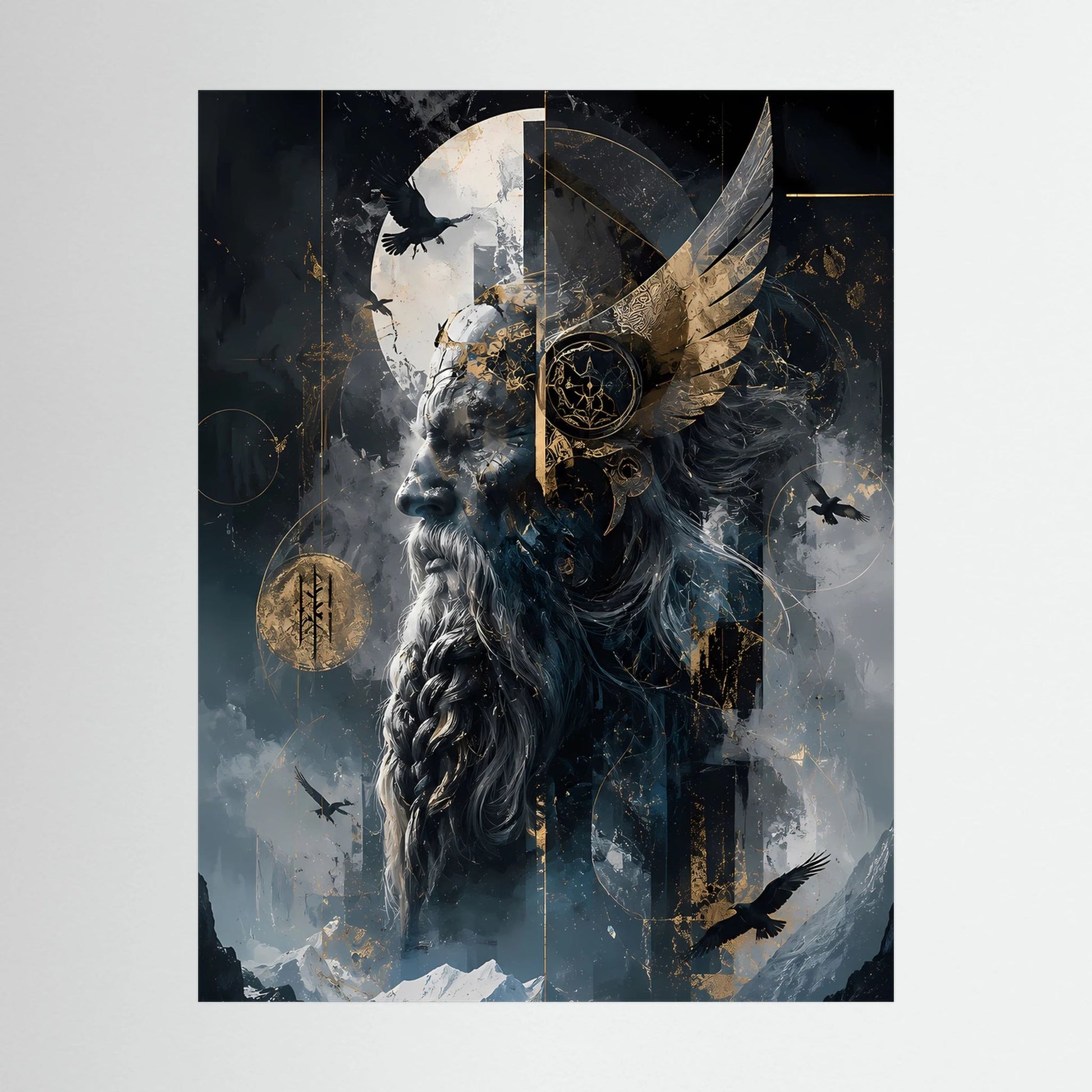 Hochformatiges Poster im Close-up: Wikingerkrieger mit Raben und goldenen Runensymbolen