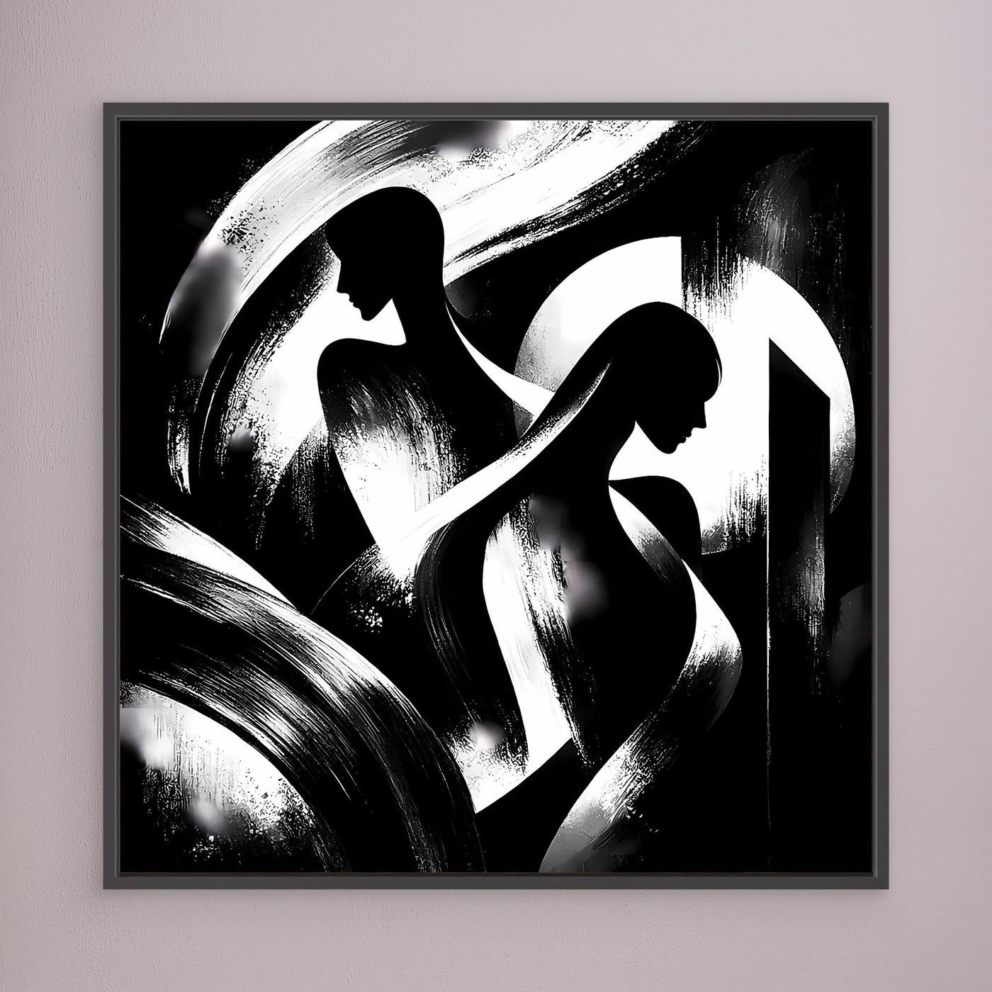 Quadratisches schwarz-weißes Leinwand-Wandbild mit abstrakten Silhouetten, schwarzer Rahmen.