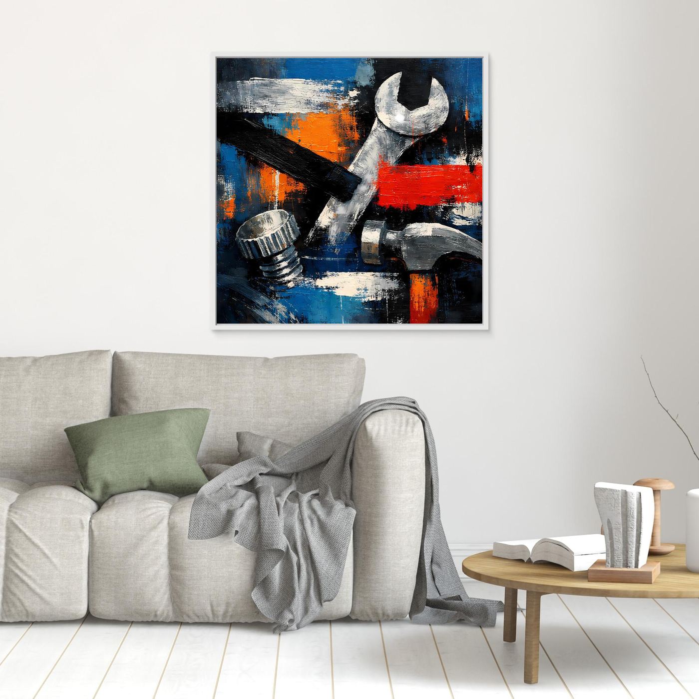 Small framed abstract tool wall art canvas with wrench and tools in blue, orange, and red.