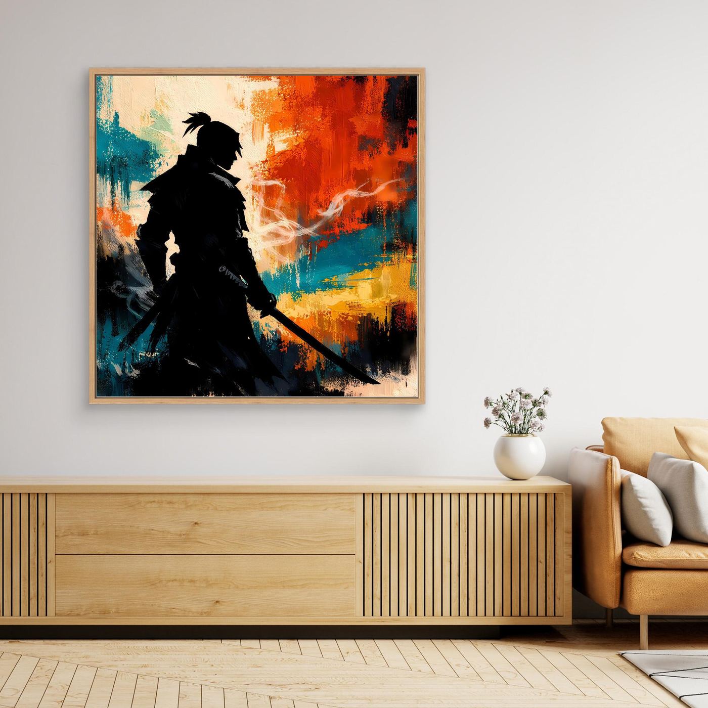 Gerahmtes Leinwand-Wandbild mit schwarzer Samurai-Silhouette und orange-blauem Abstraktbild