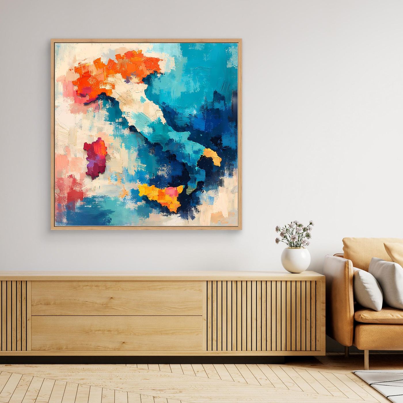 Abstract Italy map wall art with blue and orange paint strokes, light wood frame