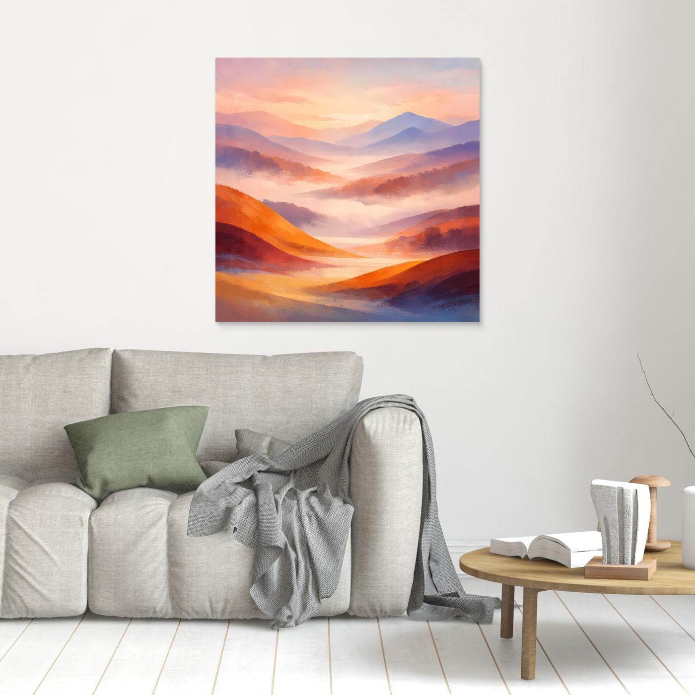 Leinwandbild ohne sichtbaren Rahmen, abstrakte Pastell-Berglandschaft mit Orangen und Lilaflächen