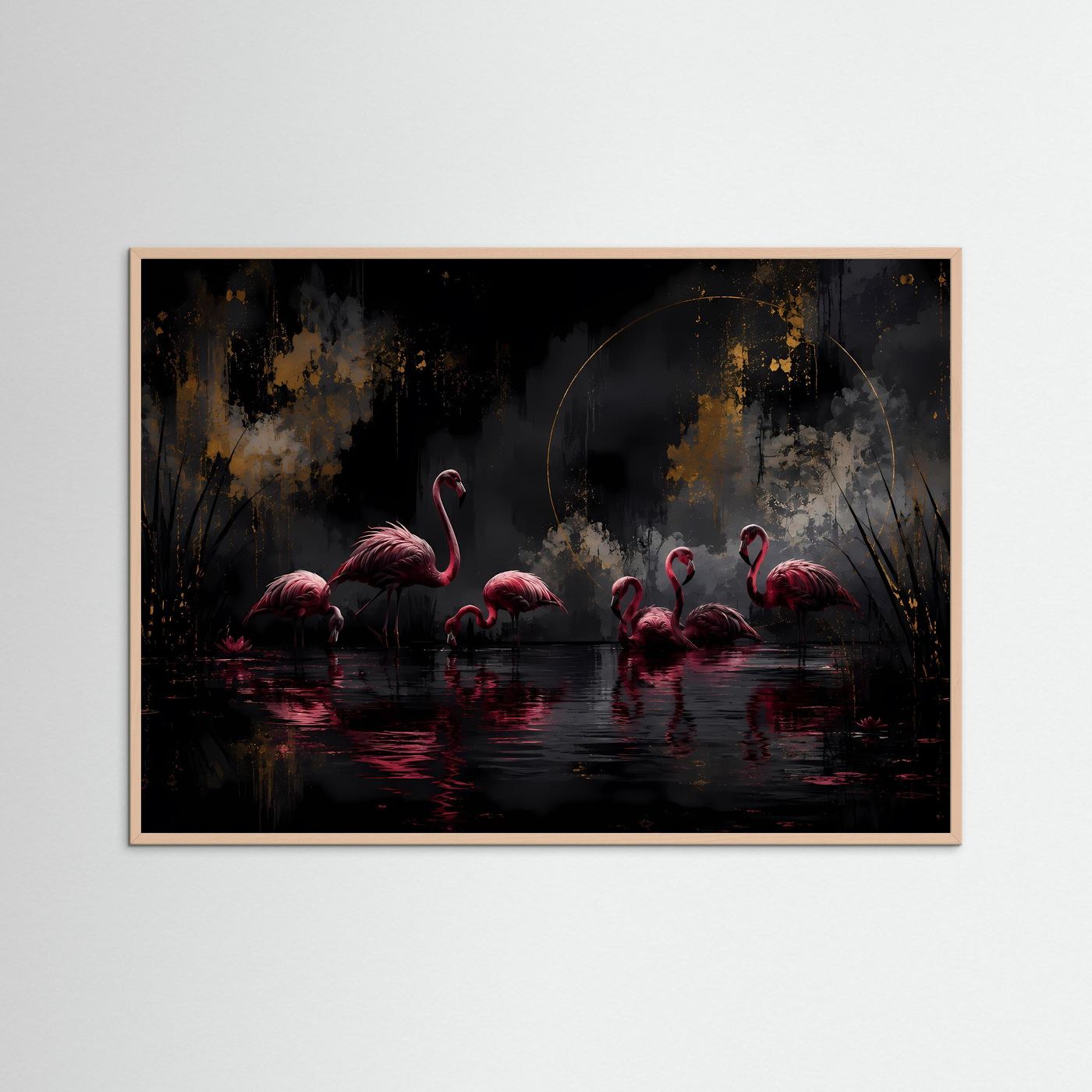 Flamingos in der Dunkelheit | Elegante Schwarz-Gold Wandkunst mit Pink – Modernes Poster Querformat