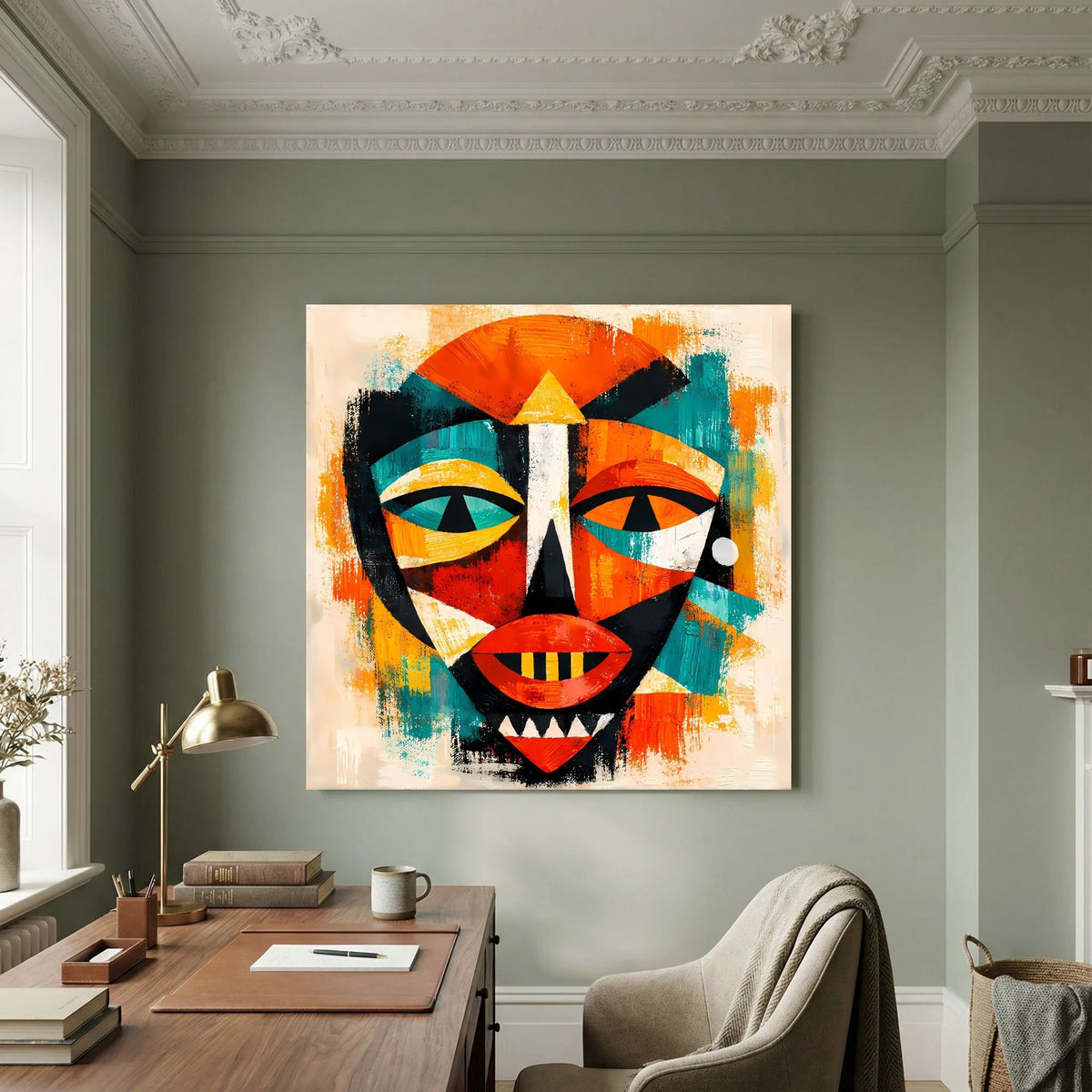 Abstraktes Leinwandbild mit afrikanischer Maske, orangefarbenen, türkisfarbenen und roten Flächen