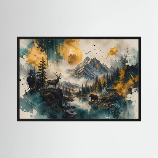 Wildtiere in majestätischer Berglandschaft | Hirsch Wolf und Bär | Poster Querformat