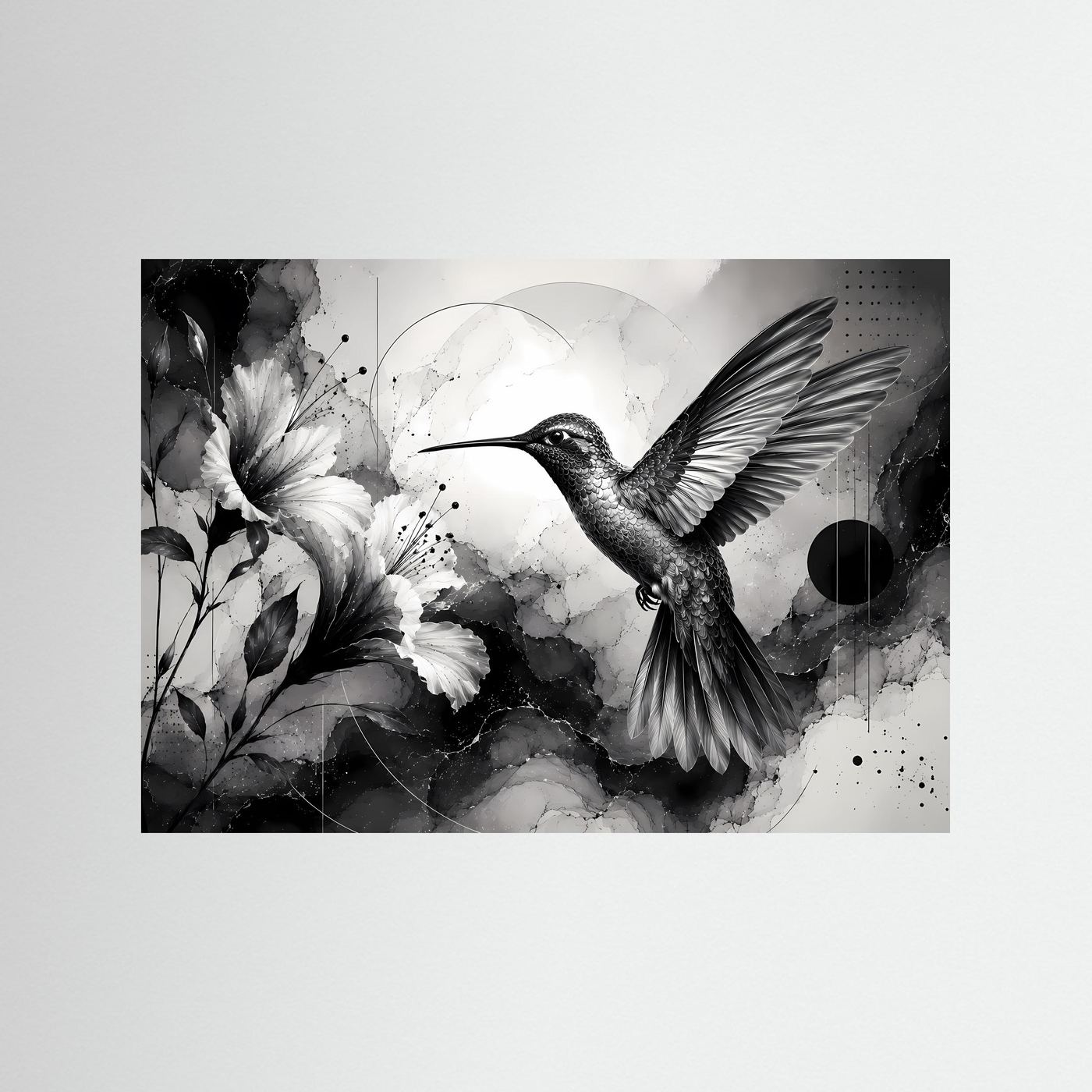 Kolibri Wandbild Schwarz Weiß | Hibiskus Blüten Poster | Moderne Botanische Wandkunst | Minimalistische Vogel Kunst | Leinwand Fine Art