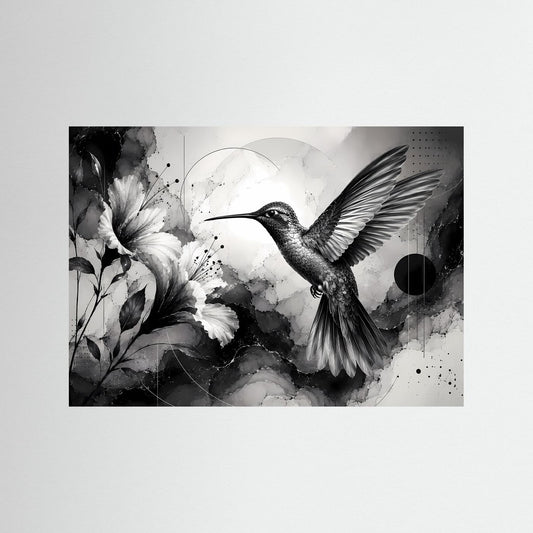 Schwarz-weißes Wandbild mit Kolibri und Hibiskusblüten im Querformat