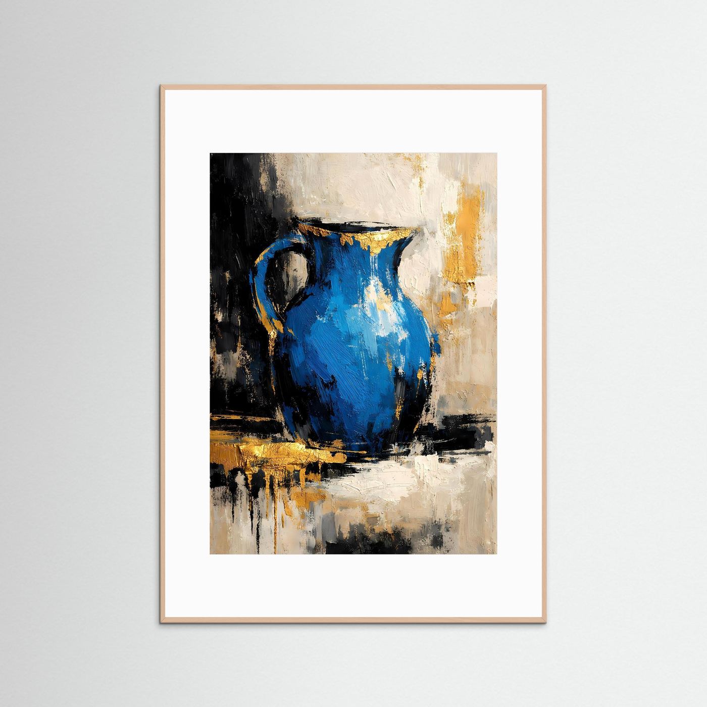 Hochformat Kunstposter mit abstraktem Krug: azurblau, goldene Akzente, beige Rahmen