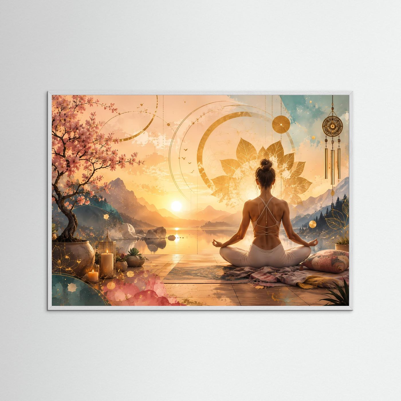 Meditierende Frau am Bergsee | Yoga, Lotus & Sonnenuntergang in Gold und Pastell